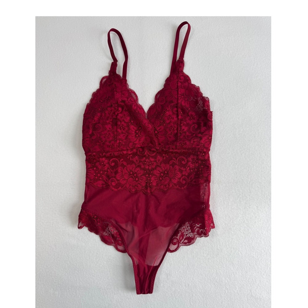 Sexy Romantic HAH Hot As Hell Lace Mesh Bodysuit Women‎ XS Burgundy Red